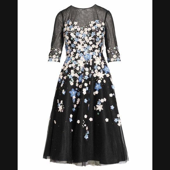 Mac Duggal 11161 Size 6 Black Blue Pink Floral Embroidered A-Line Cocktail Dress - Picture 3 of 5